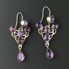 Silver Art Nouveau Style Amethyst Long Dangle Earrings