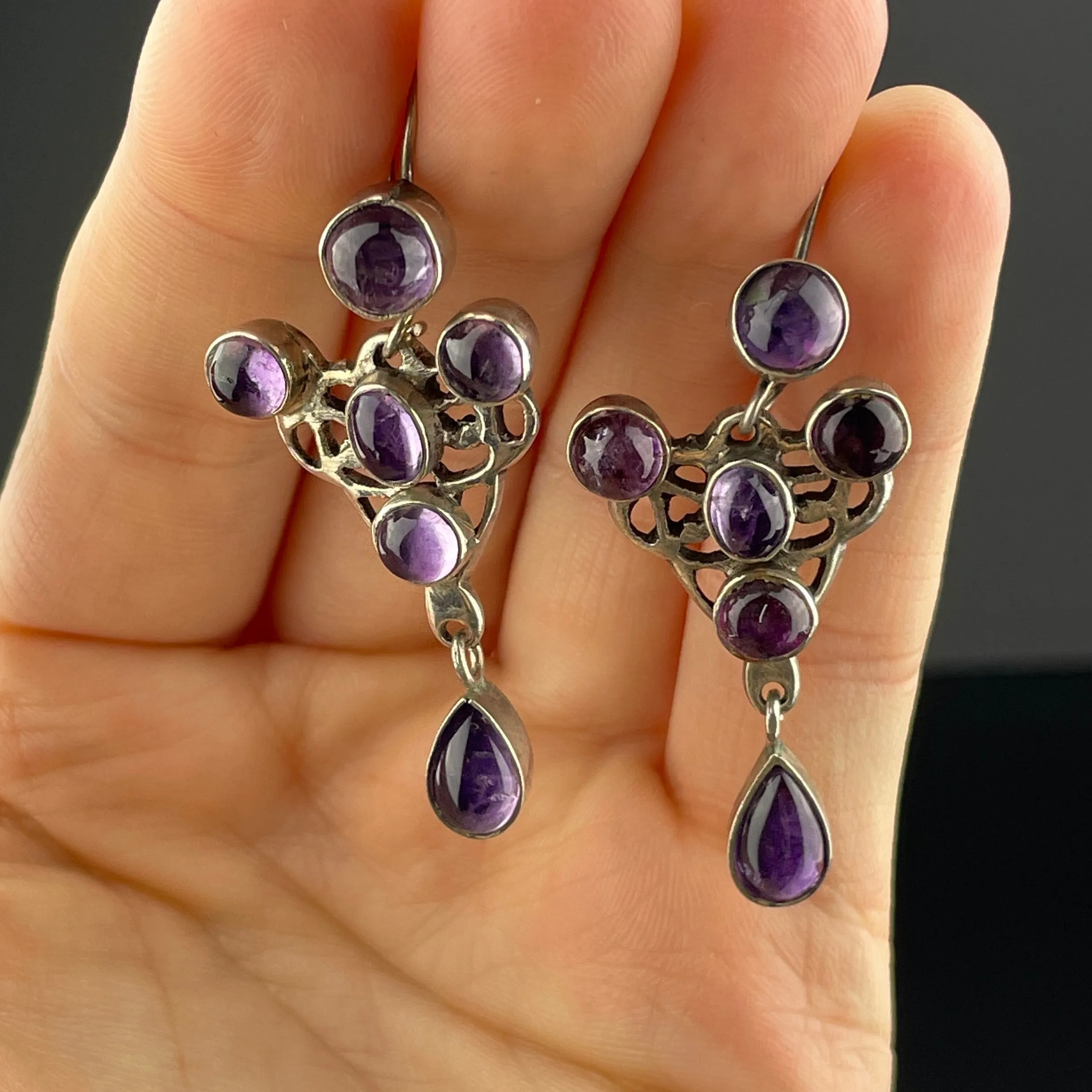 Silver Art Nouveau Style Amethyst Long Dangle Earrings