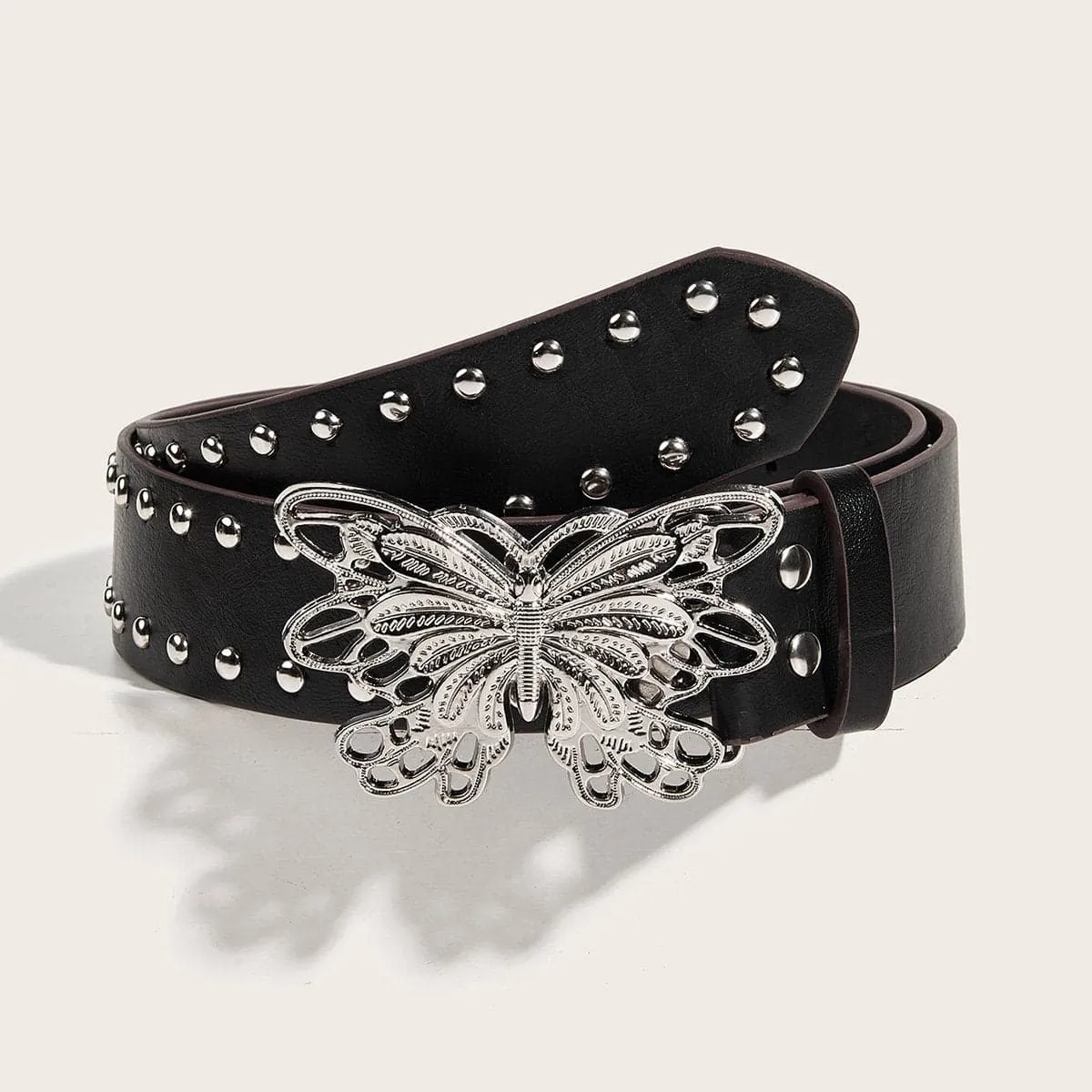 Silver butterfly hollow out beaded PU leather belt