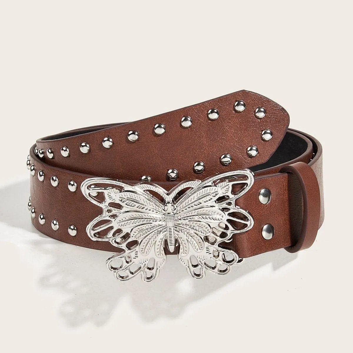 Silver butterfly hollow out beaded PU leather belt