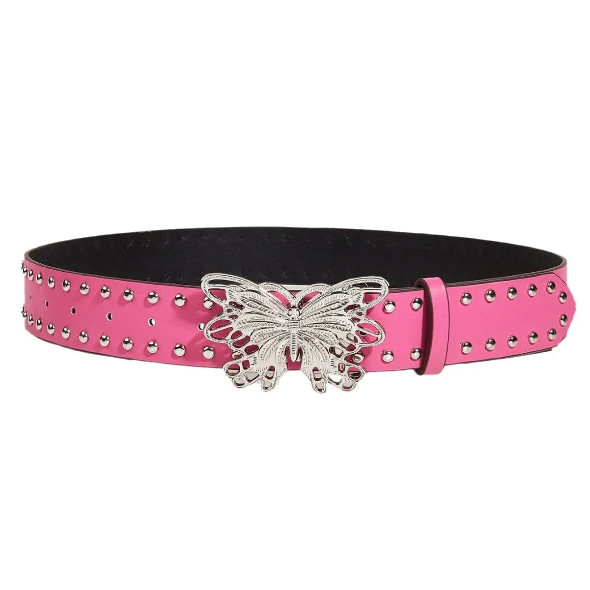 Silver butterfly hollow out beaded PU leather belt