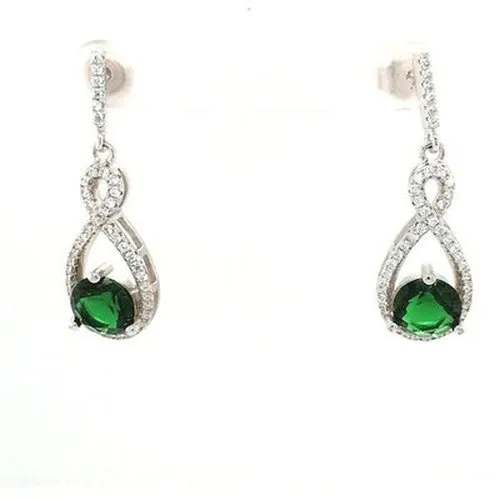 Silver CZ Green Drop Earrings