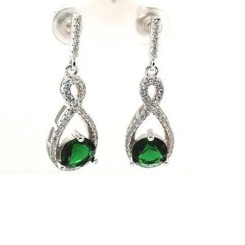 Silver CZ Green Drop Earrings