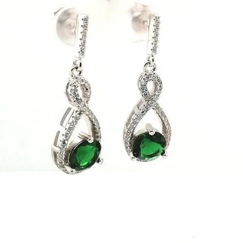 Silver CZ Green Drop Earrings