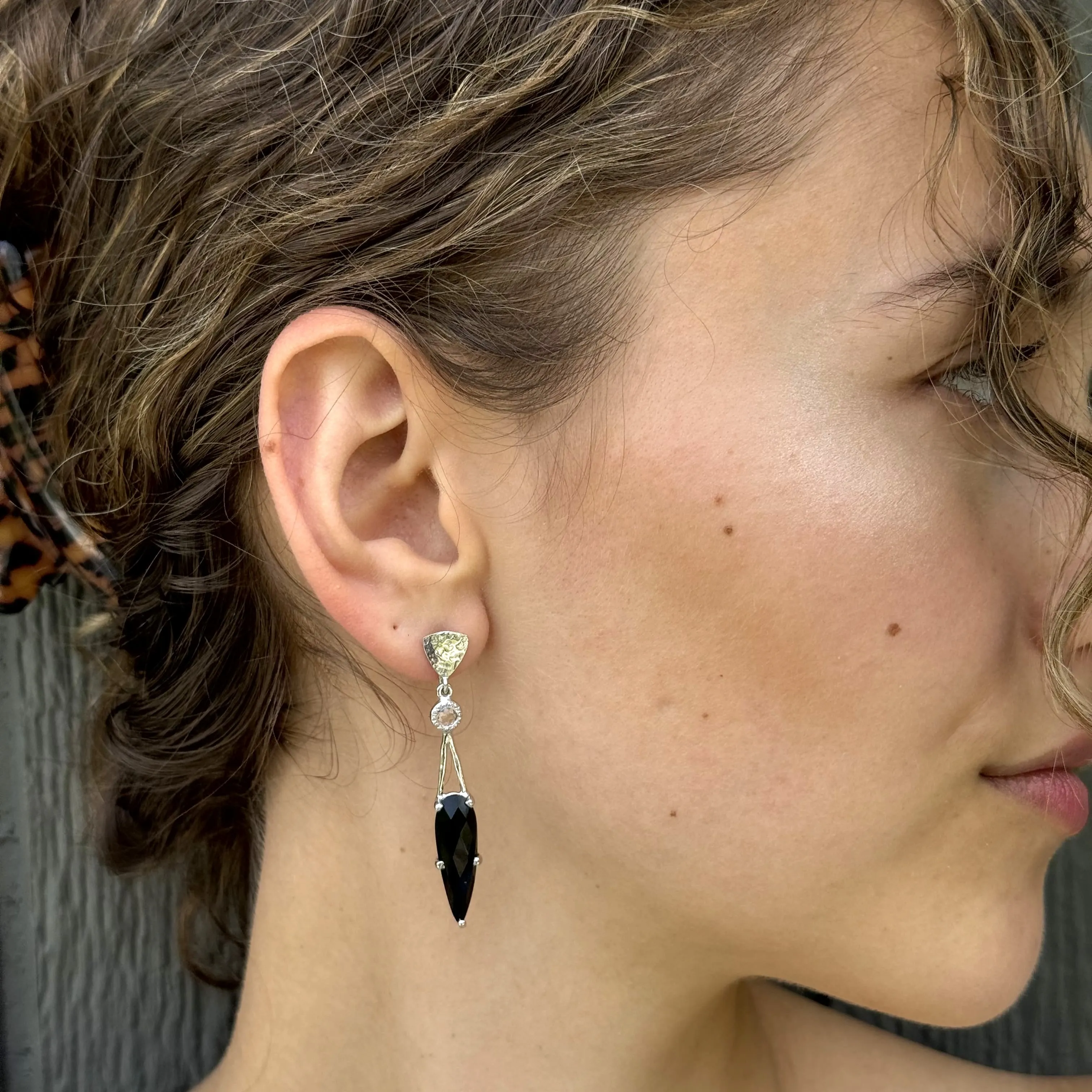 Silver Triangle Top Black Spinel and White Topaz Earrings