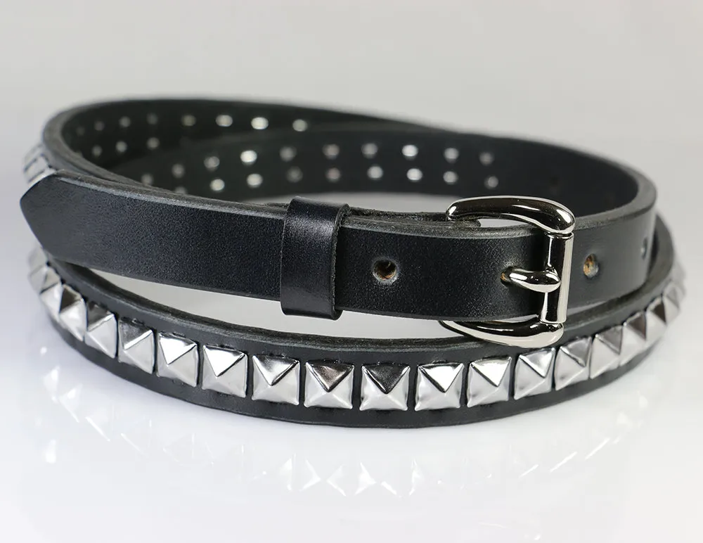 Skinny Pyramid Stud Leather Belt, Single Row