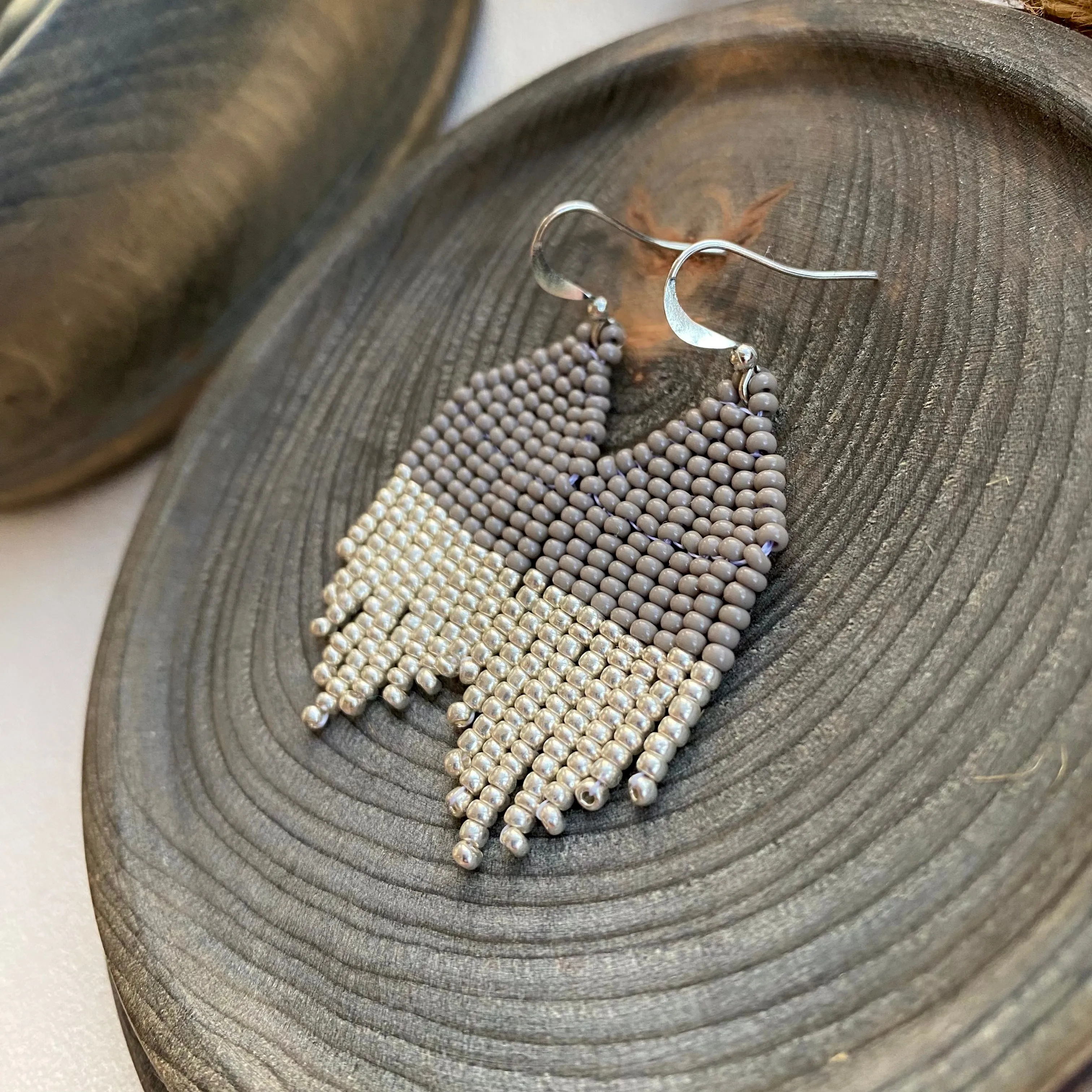 Small Fringe Grey Silver Seed Bead Earrings, Dainty Small Dangle Earrings, Statement Chandelier Earrings, Cute Bohemian Earrings Aesthetic