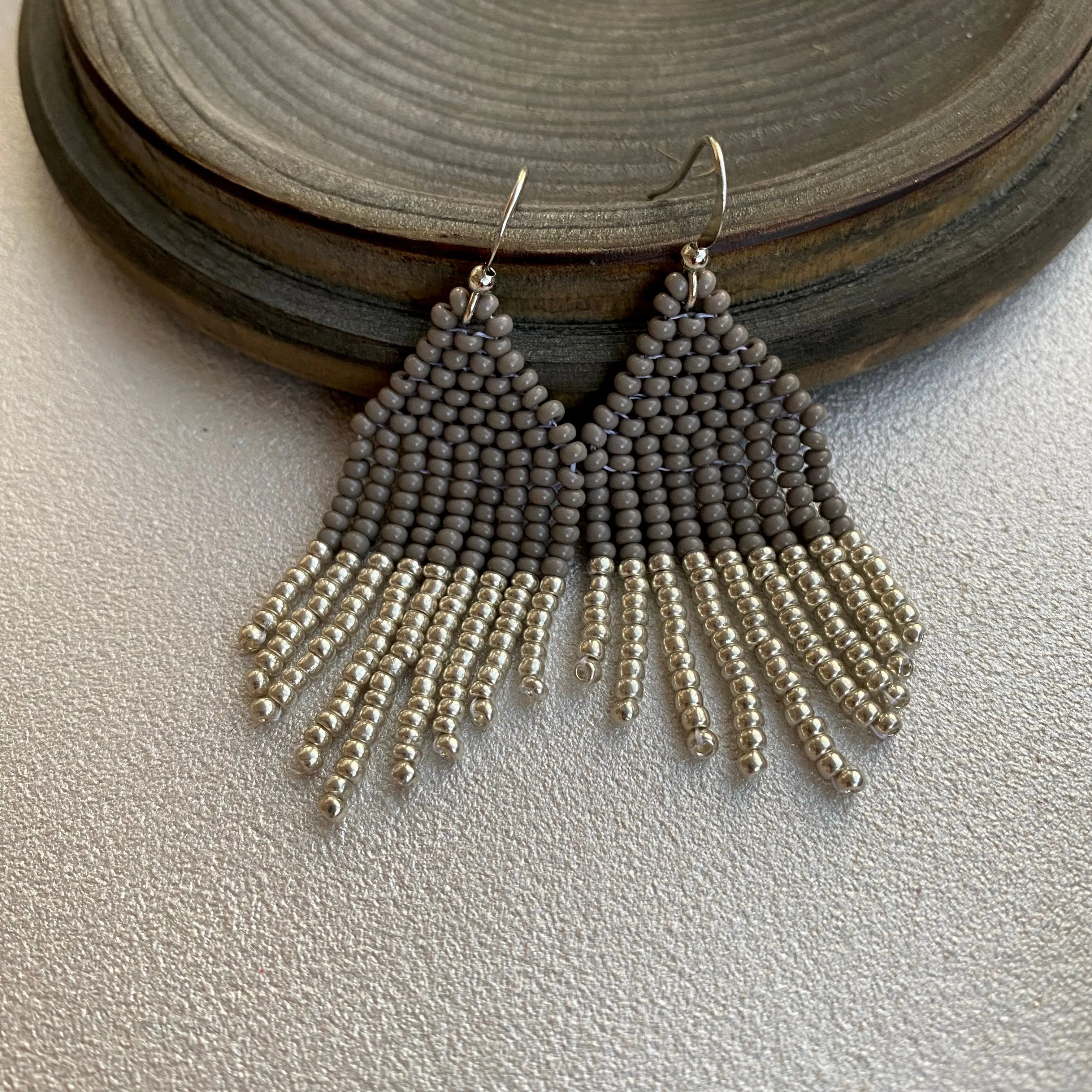 Small Fringe Grey Silver Seed Bead Earrings, Dainty Small Dangle Earrings, Statement Chandelier Earrings, Cute Bohemian Earrings Aesthetic