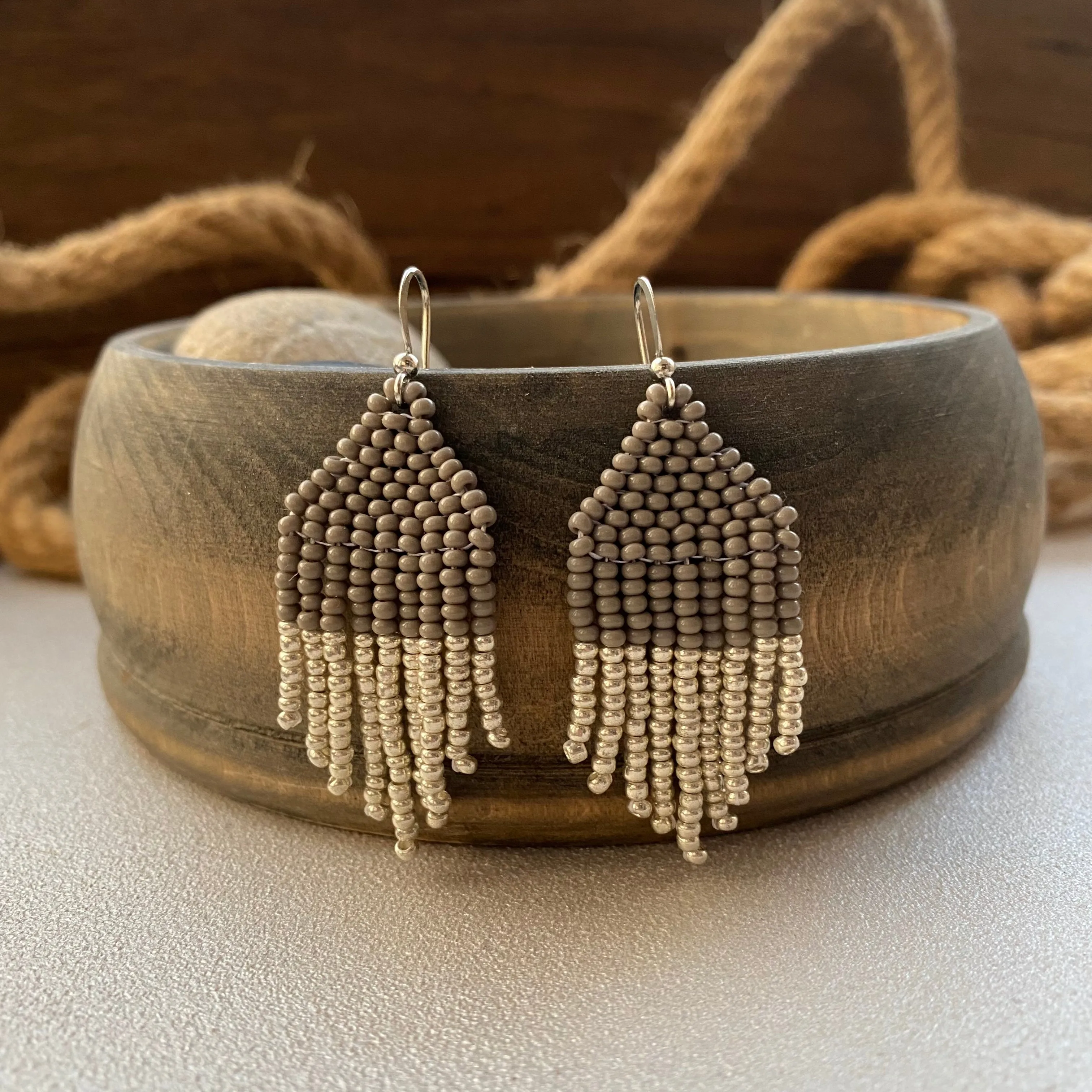 Small Fringe Grey Silver Seed Bead Earrings, Dainty Small Dangle Earrings, Statement Chandelier Earrings, Cute Bohemian Earrings Aesthetic