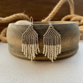 Small Fringe Grey Silver Seed Bead Earrings, Dainty Small Dangle Earrings, Statement Chandelier Earrings, Cute Bohemian Earrings Aesthetic