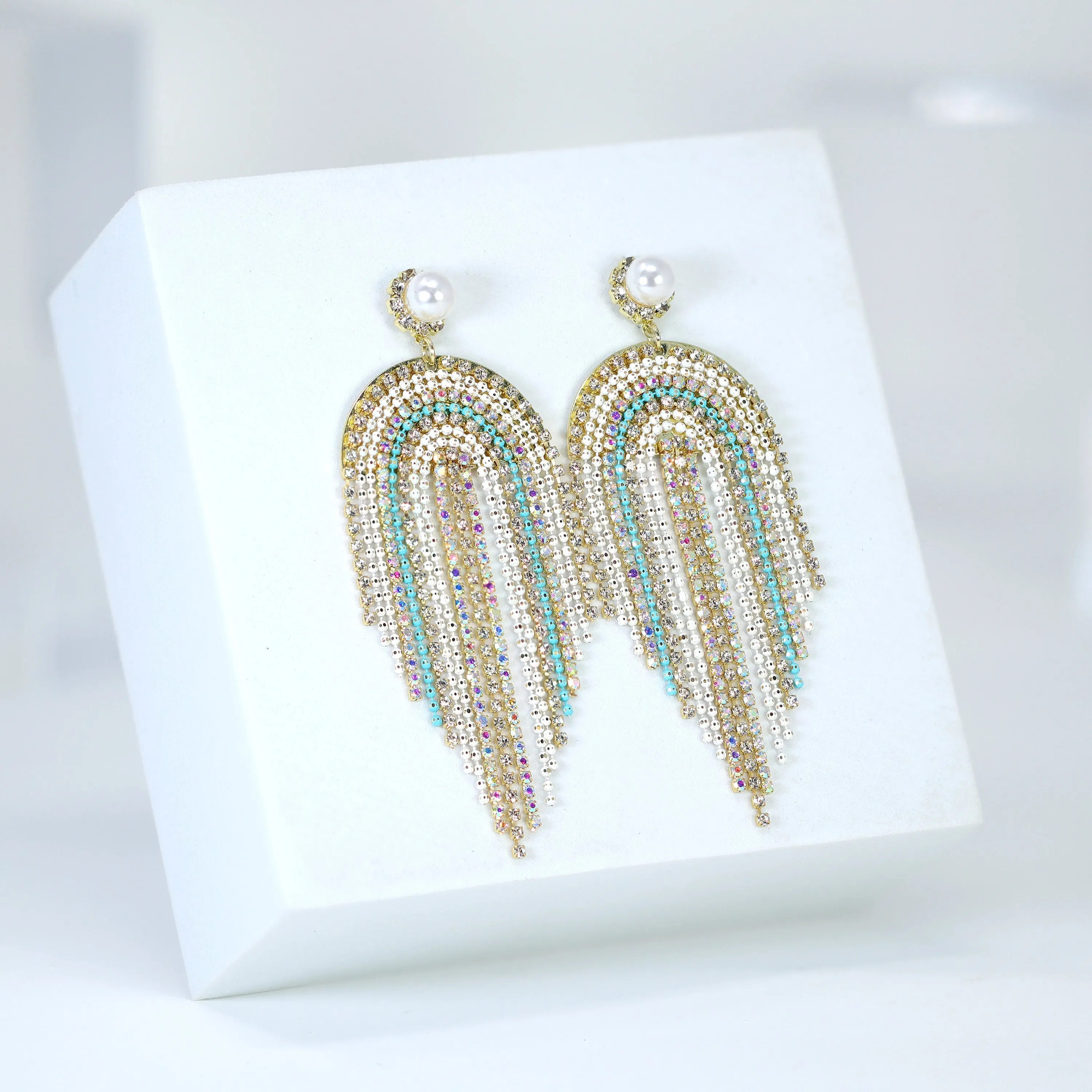 Something Blue Swarovski AB Crystal Pearl Chandelier Diamond Earrings, Gold Long Tassel Bridal Jewelry, Rhinestone Statement earrings