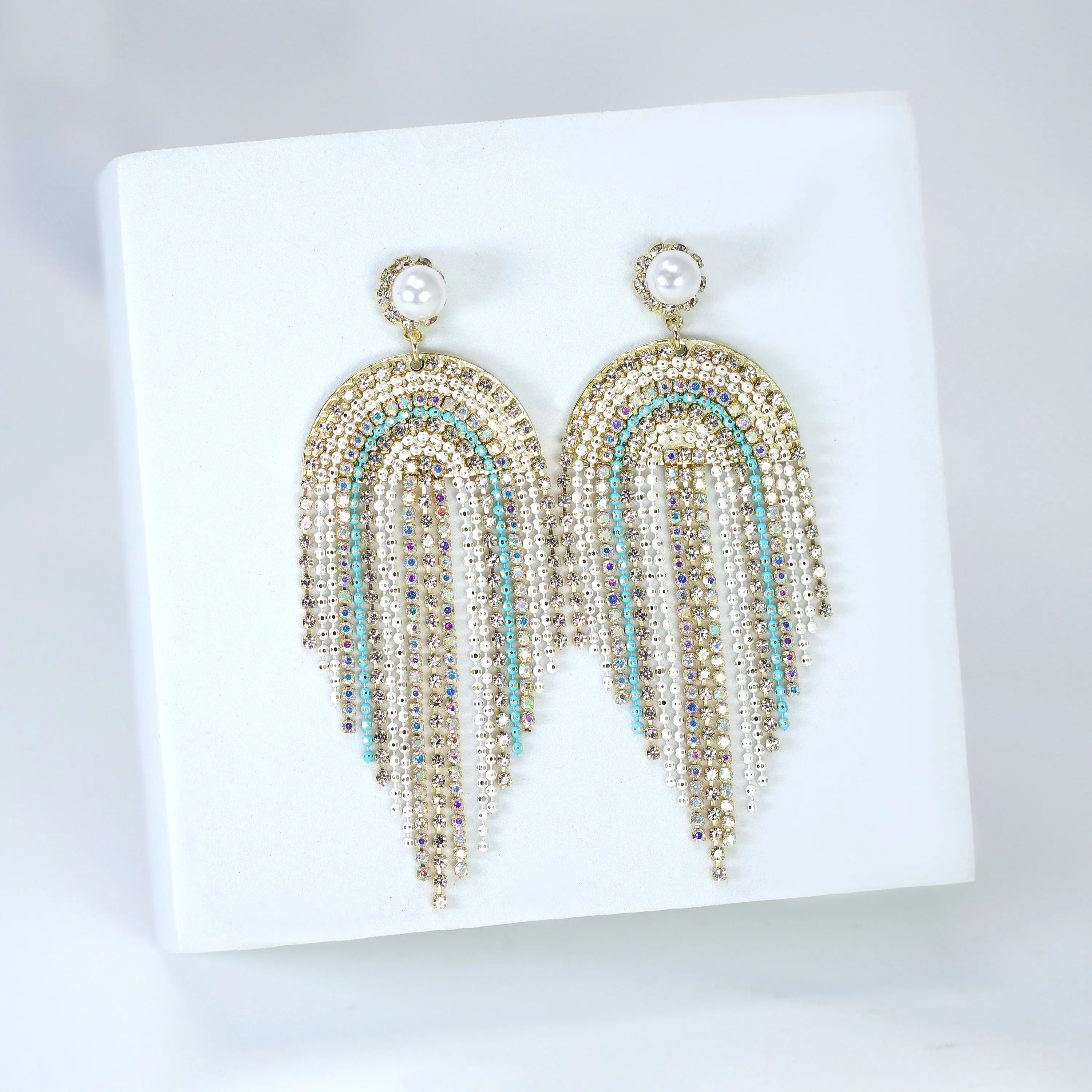 Something Blue Swarovski AB Crystal Pearl Chandelier Diamond Earrings, Gold Long Tassel Bridal Jewelry, Rhinestone Statement earrings