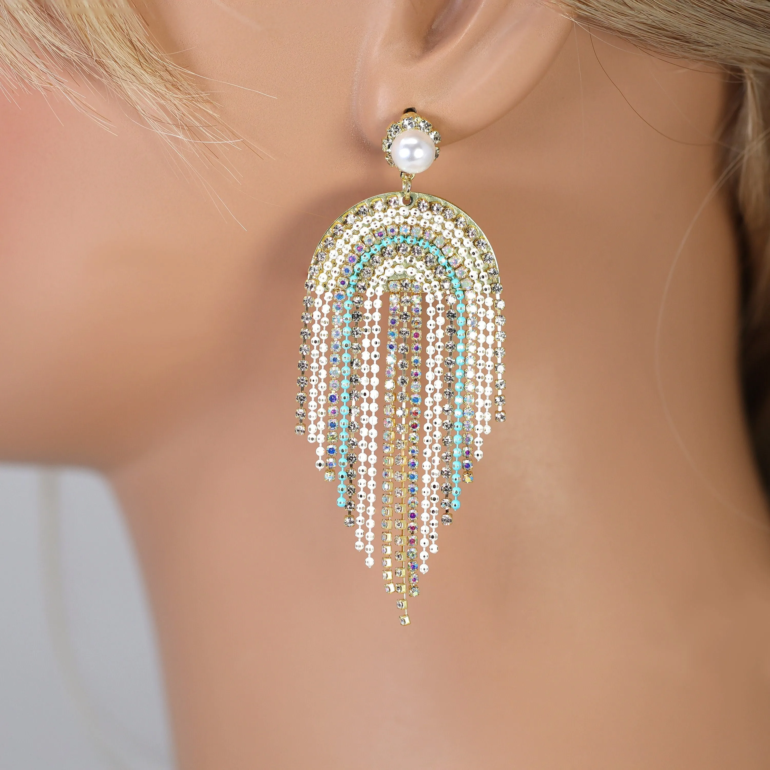 Something Blue Swarovski AB Crystal Pearl Chandelier Diamond Earrings, Gold Long Tassel Bridal Jewelry, Rhinestone Statement earrings