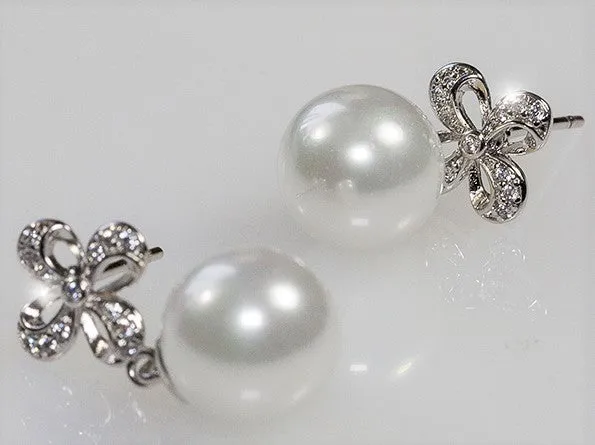 Stacy White Pearl Drop Ribbon Dangle Earrings