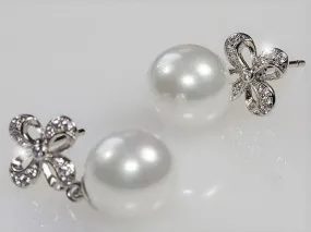 Stacy White Pearl Drop Ribbon Dangle Earrings