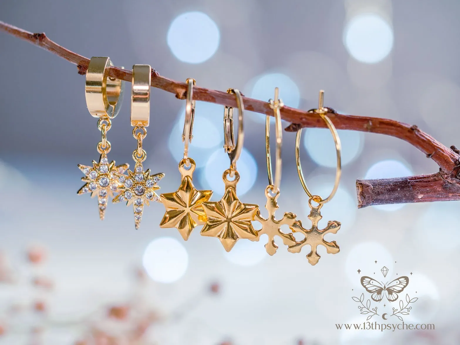 Stainless steel snowflake gold huggie hoop earrings