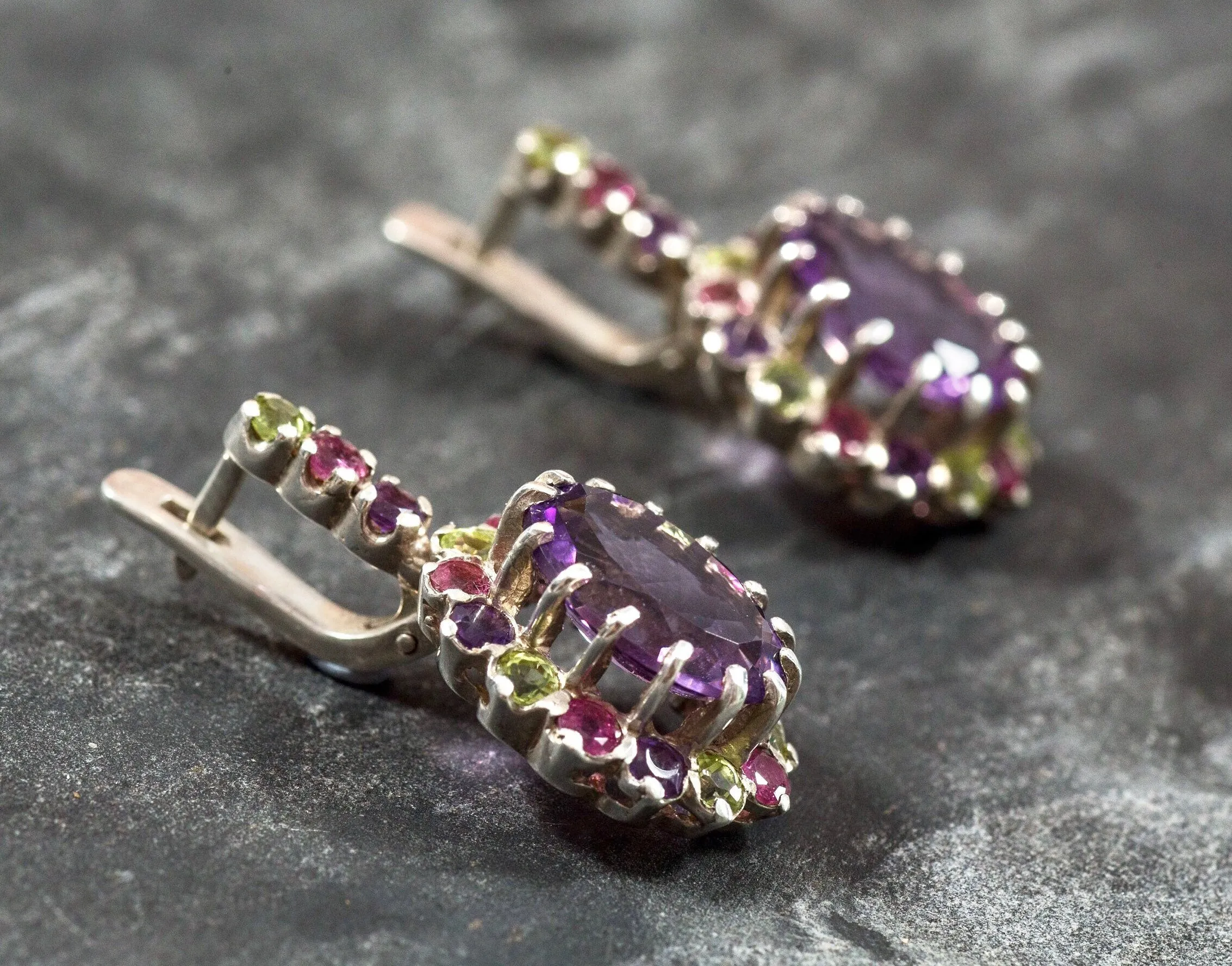 Statement Amethyst Earrings - Purple Flower Drop Earrings - Princess Di Earrings