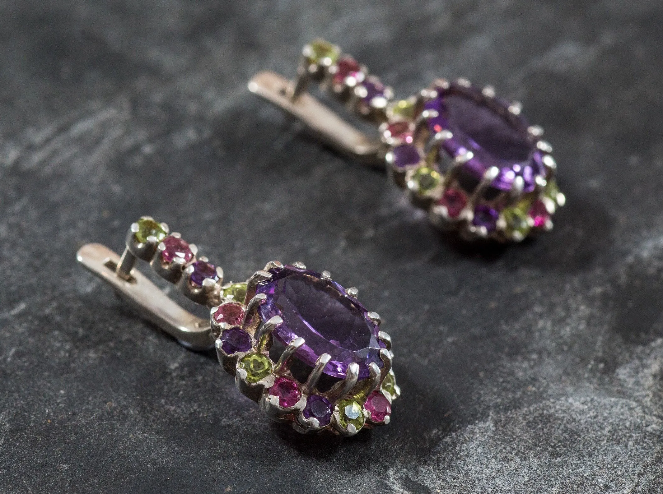 Statement Amethyst Earrings - Purple Flower Drop Earrings - Princess Di Earrings