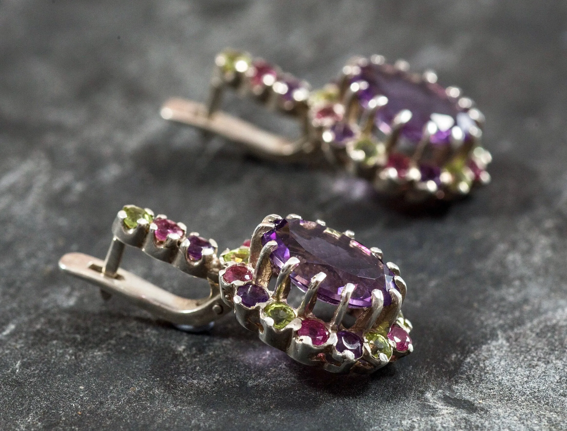 Statement Amethyst Earrings - Purple Flower Drop Earrings - Princess Di Earrings