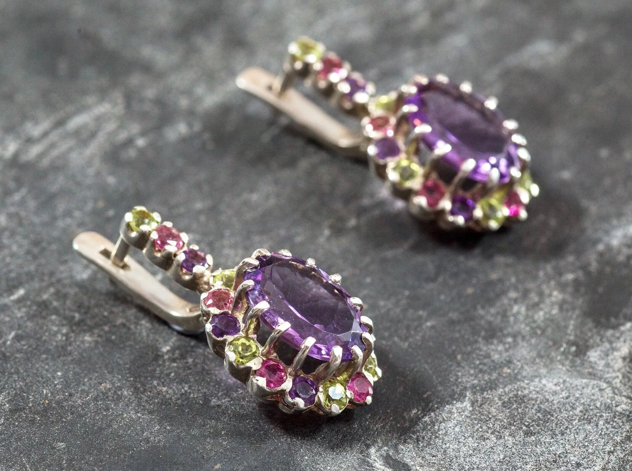 Statement Amethyst Earrings - Purple Flower Drop Earrings - Princess Di Earrings