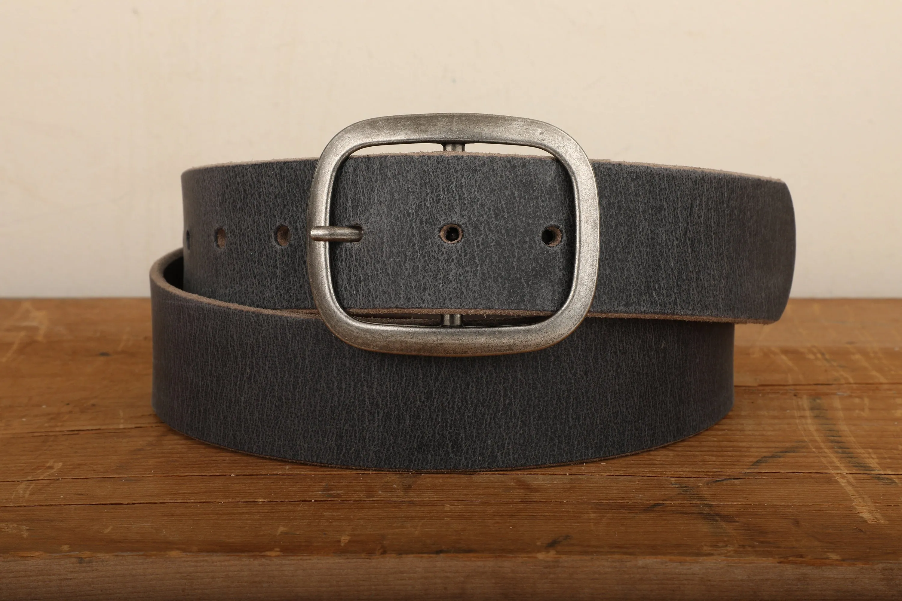 Steel Grey Leather Belt with Antique Silver Buckle