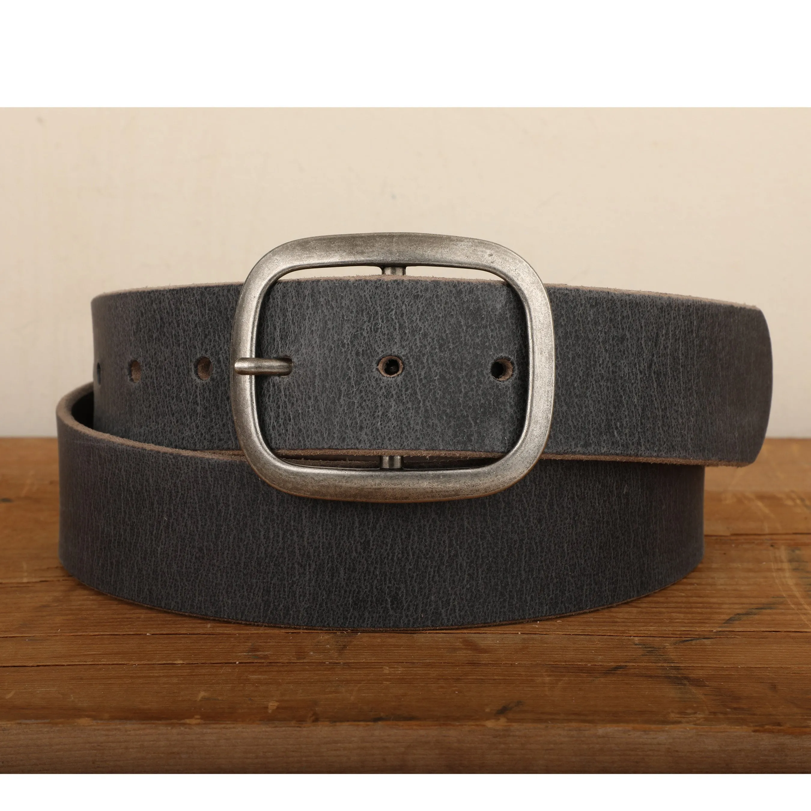 Steel Grey Leather Belt with Antique Silver Buckle