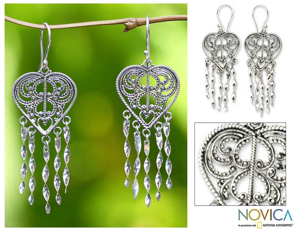 Sterling Silver Heart Shaped Chandelier Earrings - Strings of My Heart | NOVICA