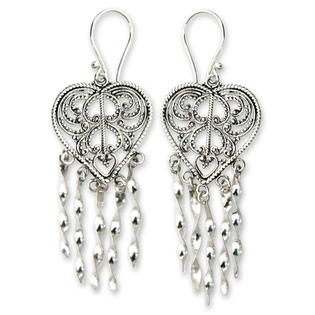 Sterling Silver Heart Shaped Chandelier Earrings - Strings of My Heart | NOVICA