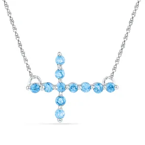 Sterling Silver Womens Round Lab-Created Blue Topaz Cross Religious Pendant