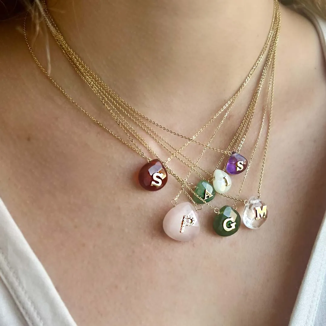 Stone With Diamond Initial Necklace (More colors available)