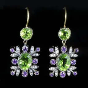 Suffragette Diamond Amethyst Peridot Earrings 18Ct And Silver