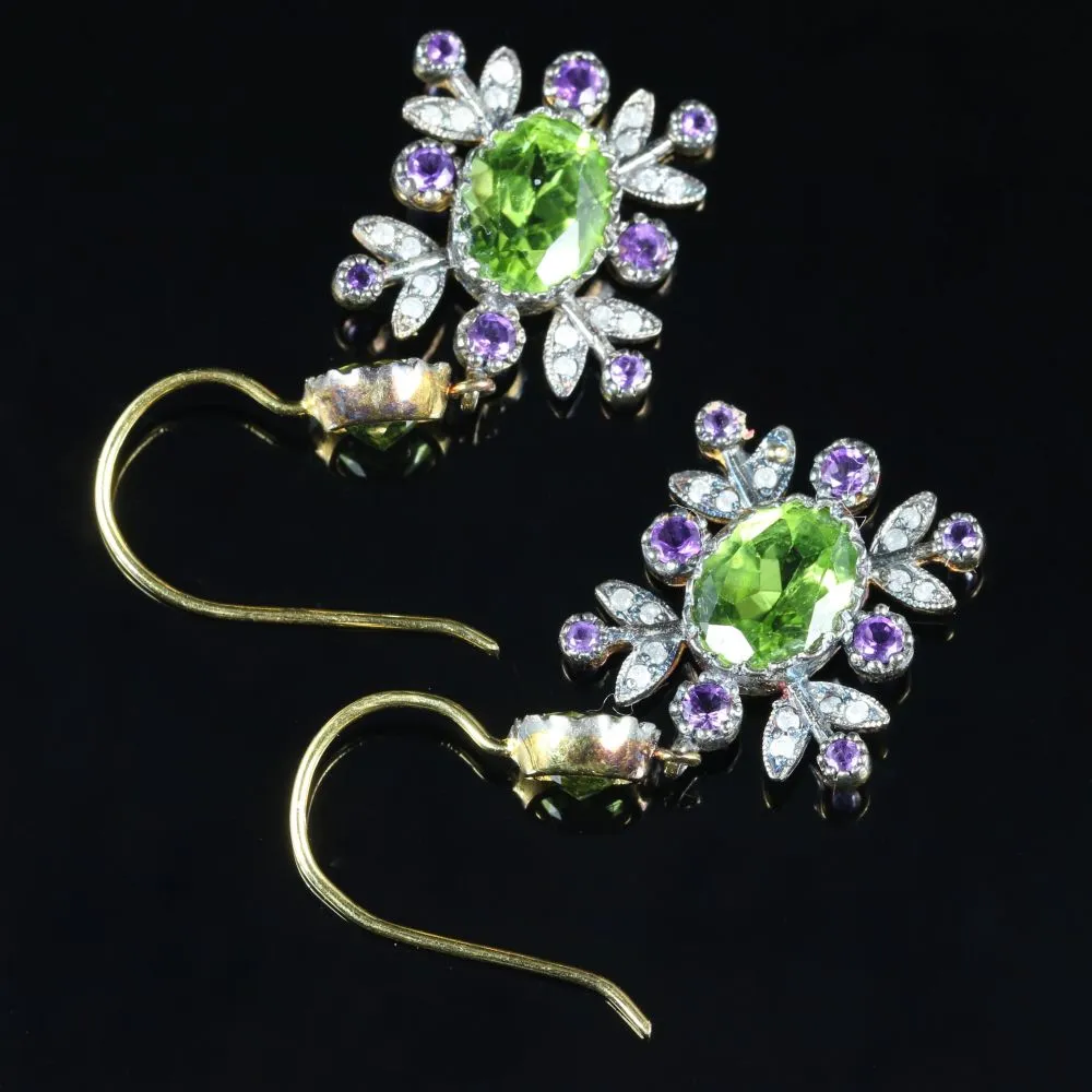 Suffragette Diamond Amethyst Peridot Earrings 18Ct And Silver