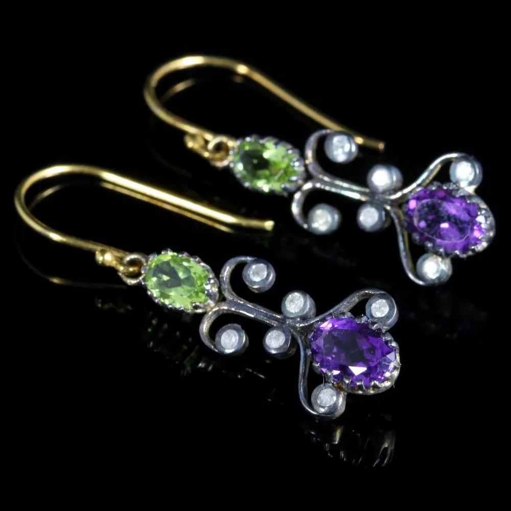 Suffragette Earrings Long Boxed Peridot Amethyst Diamond