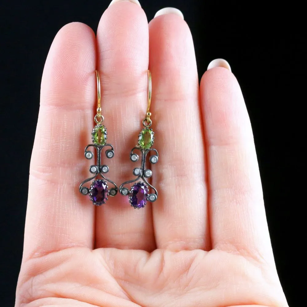 Suffragette Earrings Long Boxed Peridot Amethyst Diamond