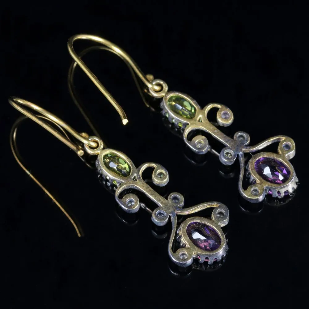 Suffragette Earrings Long Boxed Peridot Amethyst Diamond