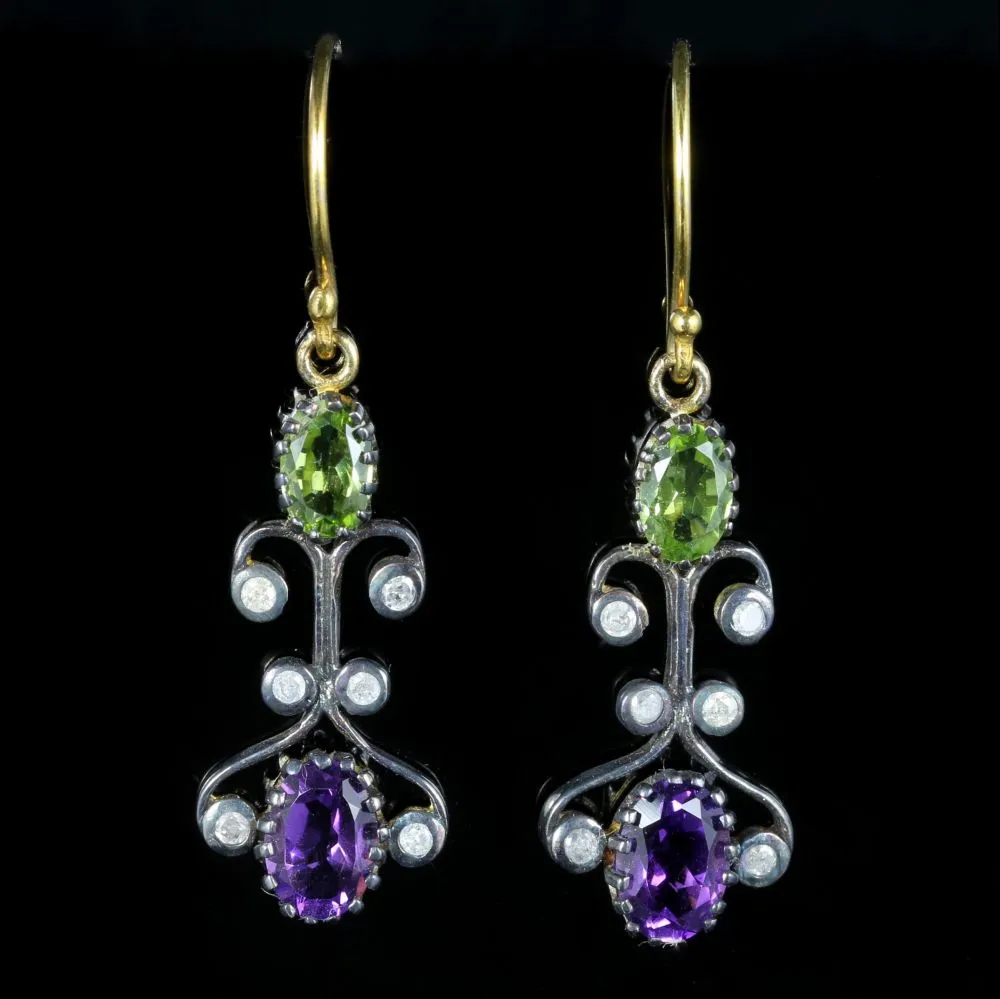 Suffragette Earrings Long Boxed Peridot Amethyst Diamond