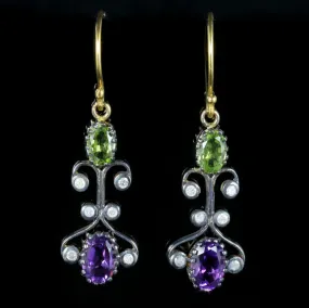 Suffragette Earrings Long Boxed Peridot Amethyst Diamond