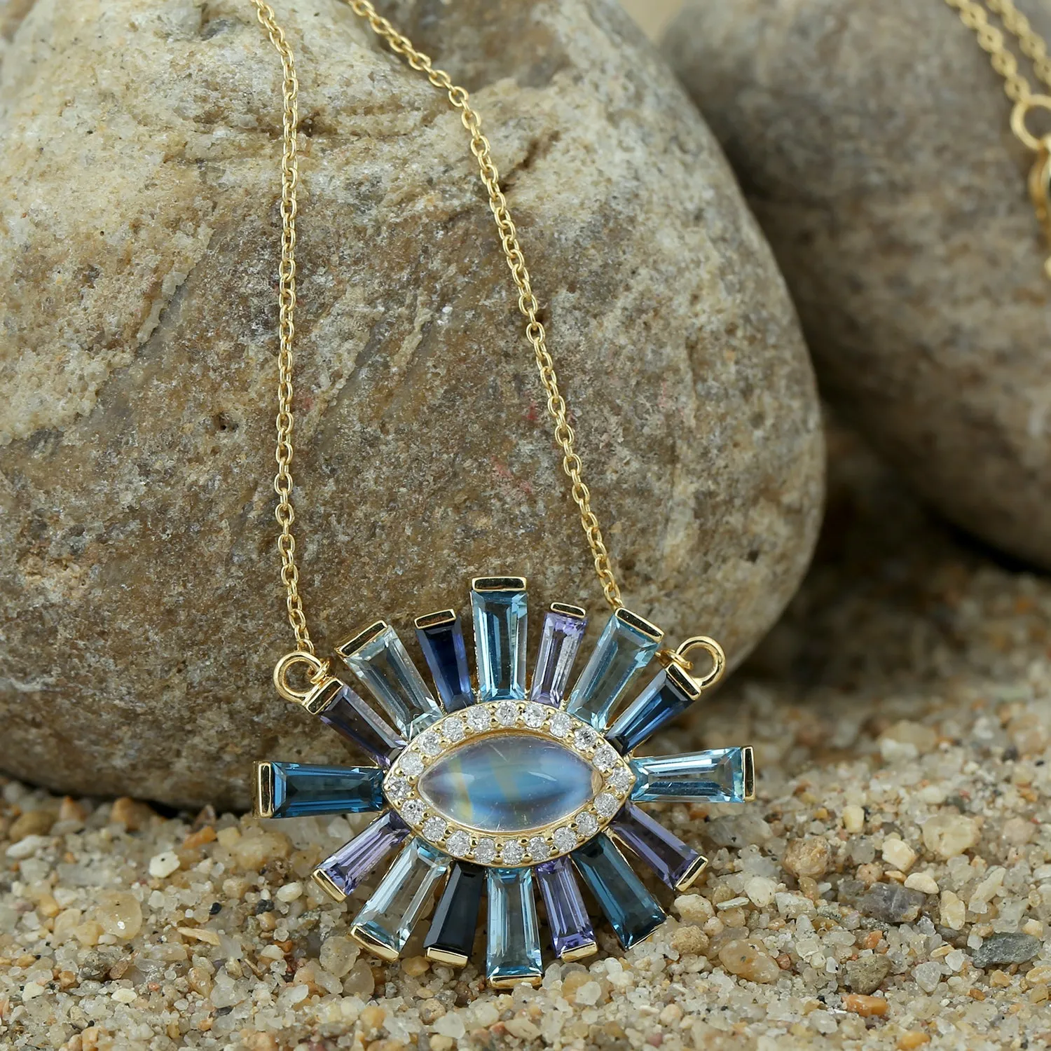 Tapered Baguette Tanzanite,Lolite,Topaz,Moonstone & Diamond Beautiful Pendant Chain Necklace In 18k Yellow Gold