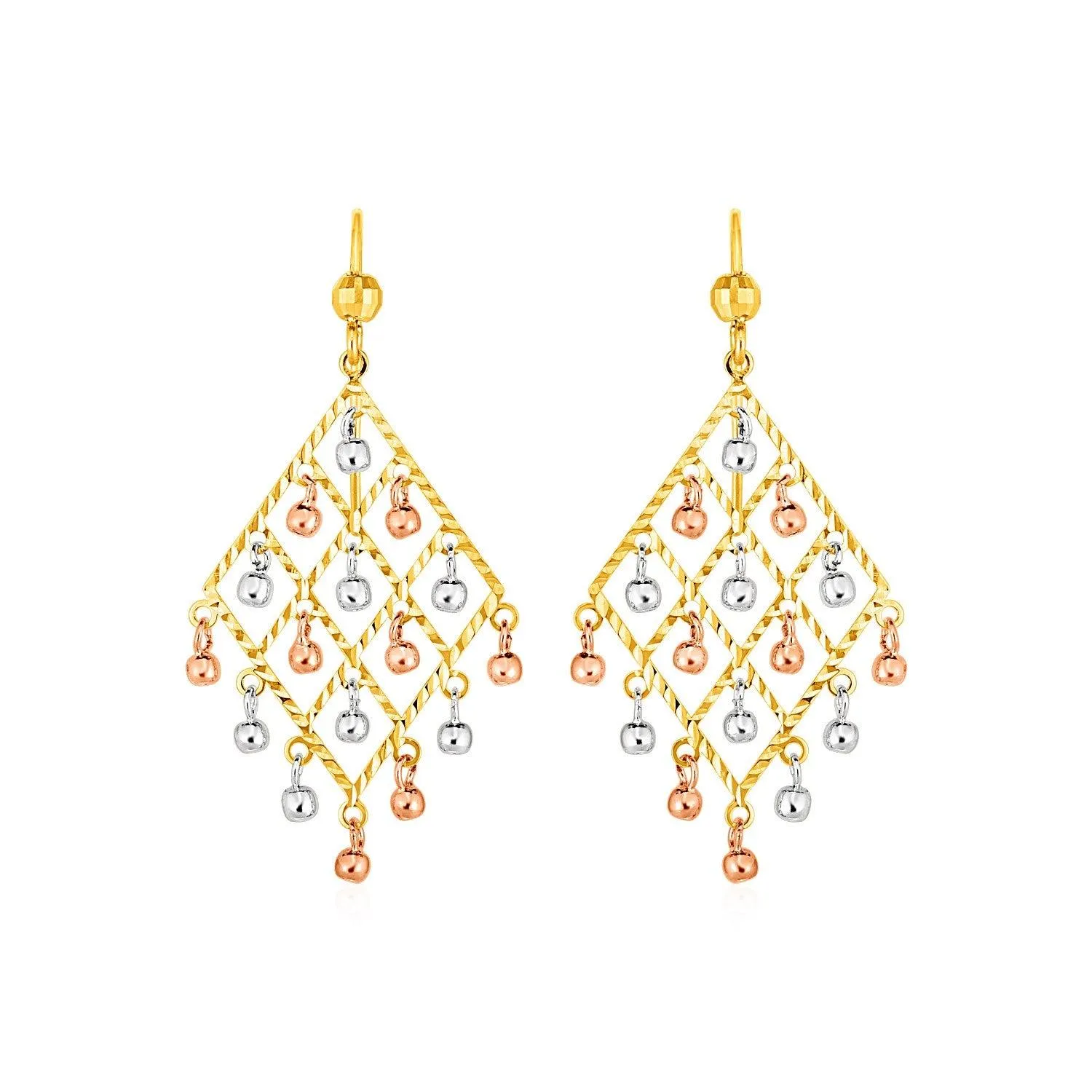 Textured Chandelier Earrings with Ball Drops in 14k Tri Color Gold