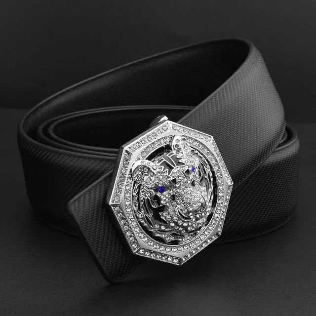 Tiger Sparkle Buckle Men Leather Waist Strap Belt