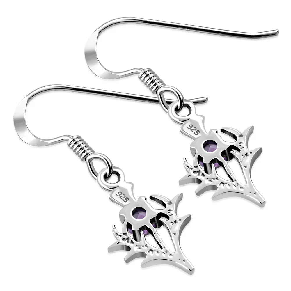 Tiny Silver Thistle Earrings set w/ Amethyst Faceted Stone