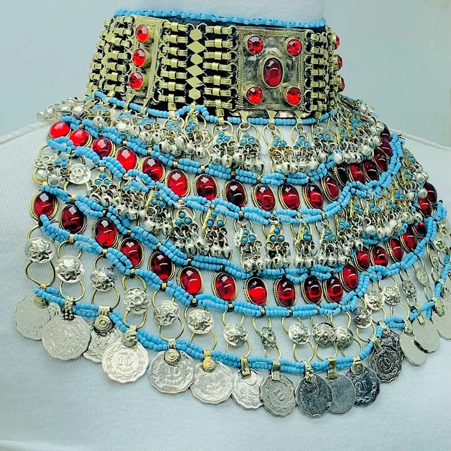 Tribal Layered Necklace With Red Glass Stones