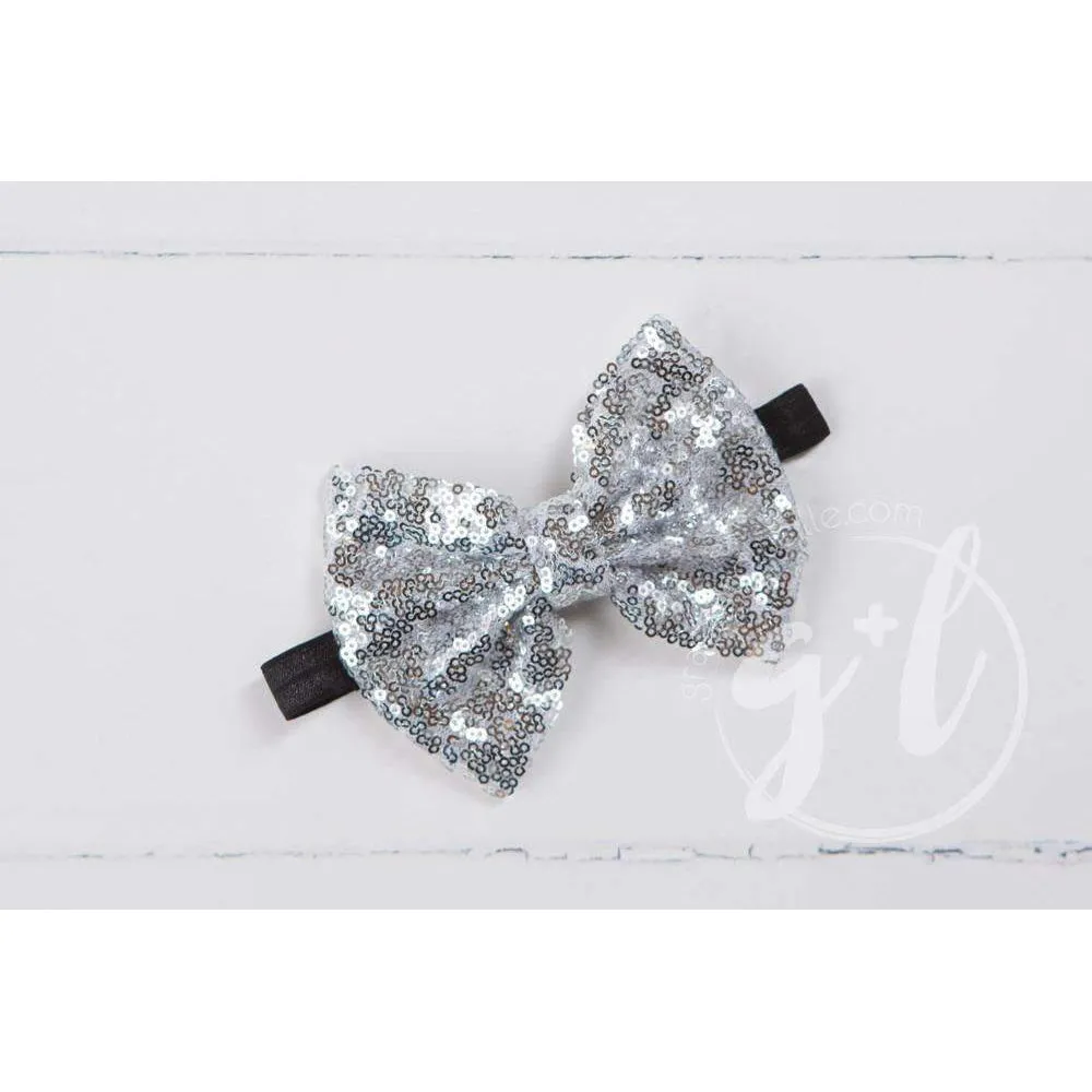 Two-in-One Sequined Bow Headband & Belt, Silver Bow on Black Band