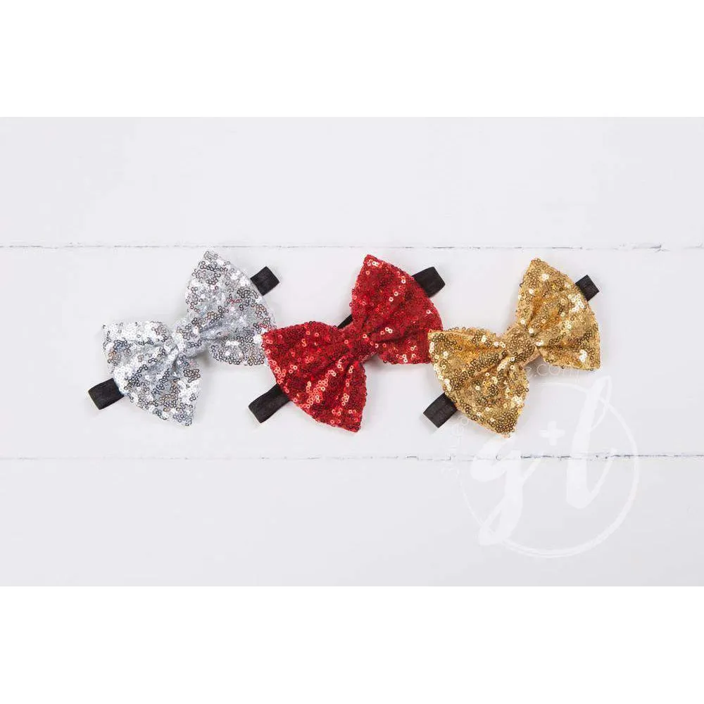 Two-in-One Sequined Bow Headband & Belt, Silver Bow on Black Band