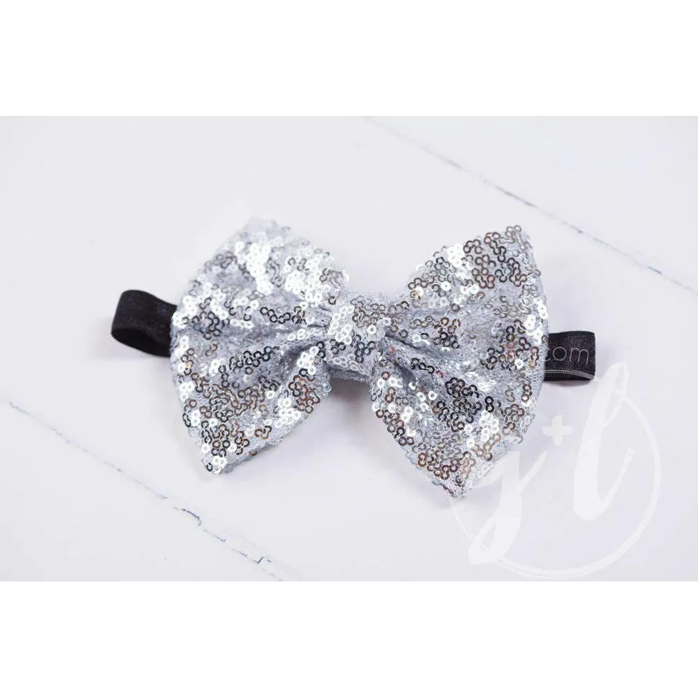 Two-in-One Sequined Bow Headband & Belt, Silver Bow on Black Band