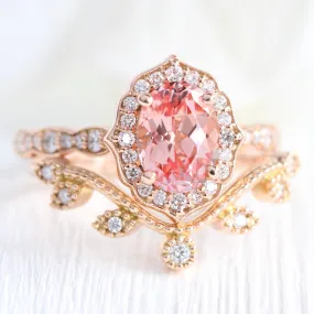 Vintage Floral Oval Ring Bridal Set w/ Peach Sapphire and Curved Leaf Diamond Band