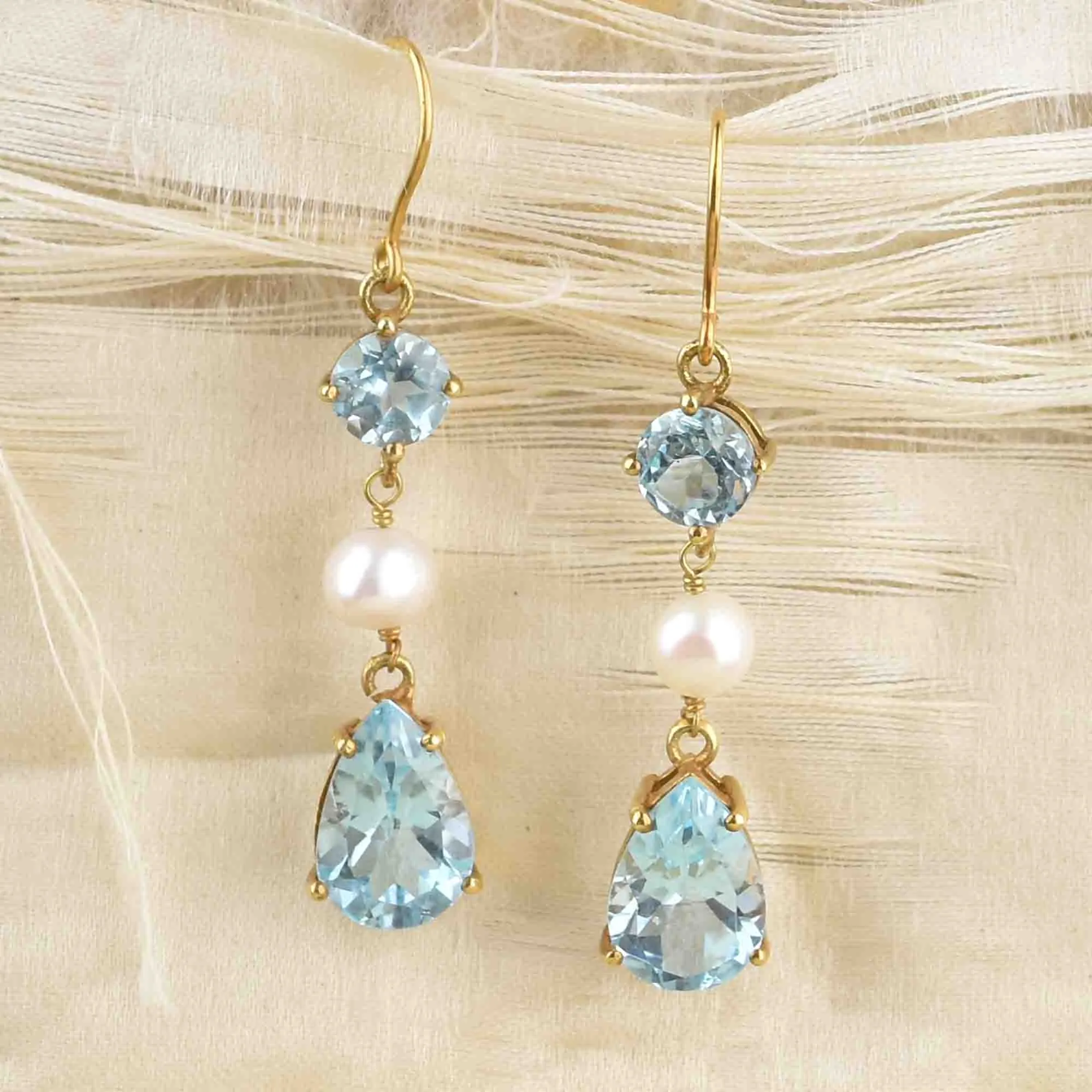 Vintage Gold Pearl Blue Topaz Dangle Earrings