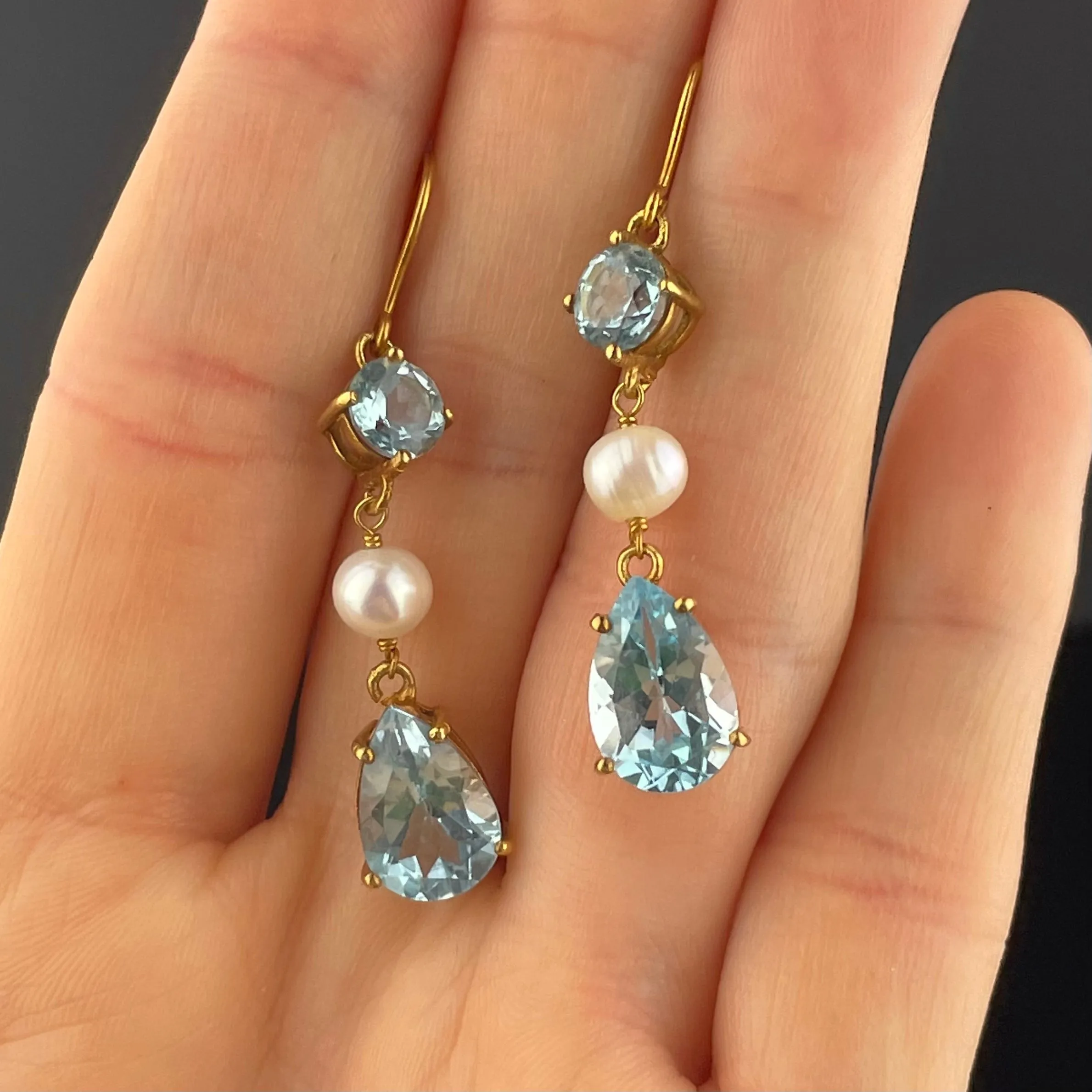 Vintage Gold Pearl Blue Topaz Dangle Earrings