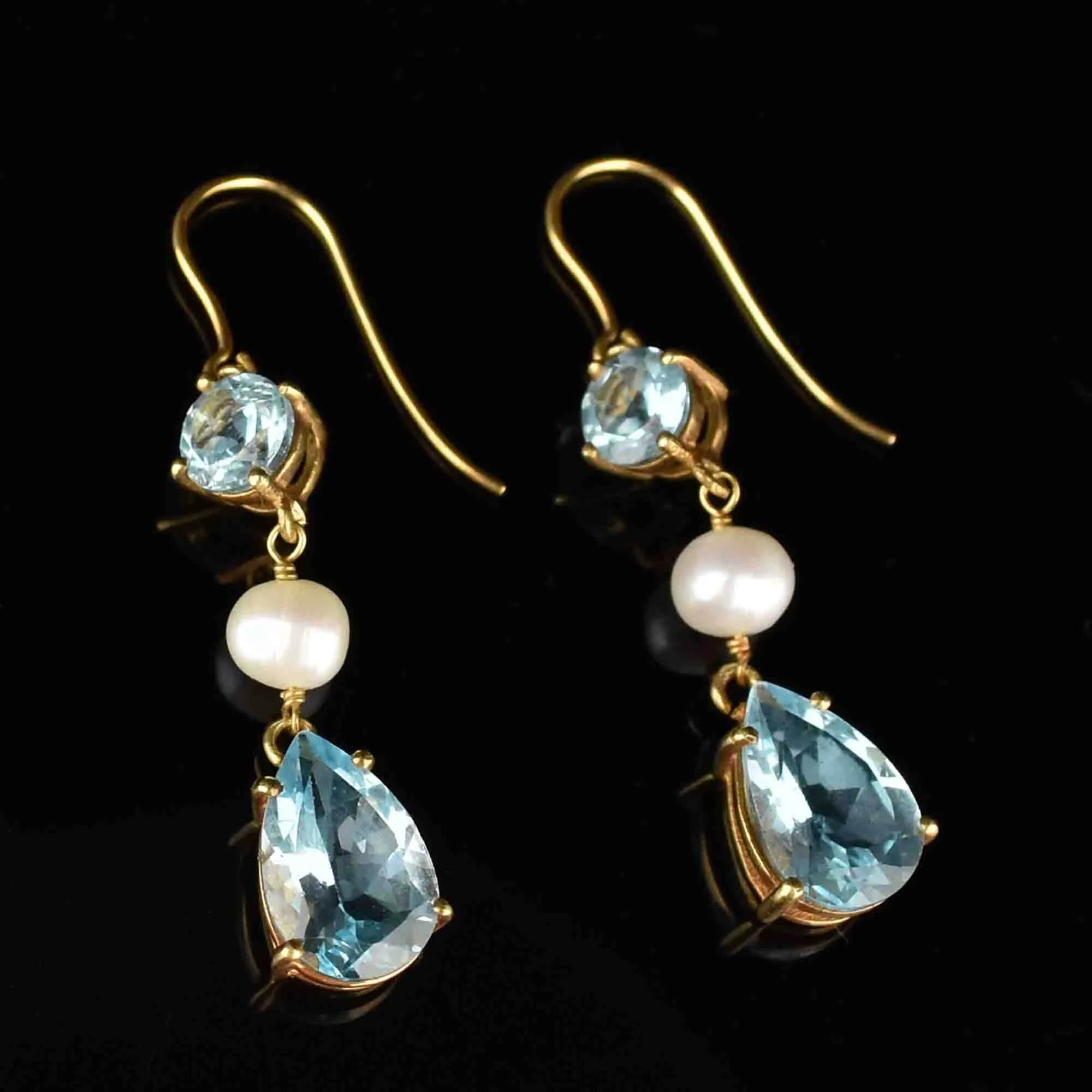 Vintage Gold Pearl Blue Topaz Dangle Earrings