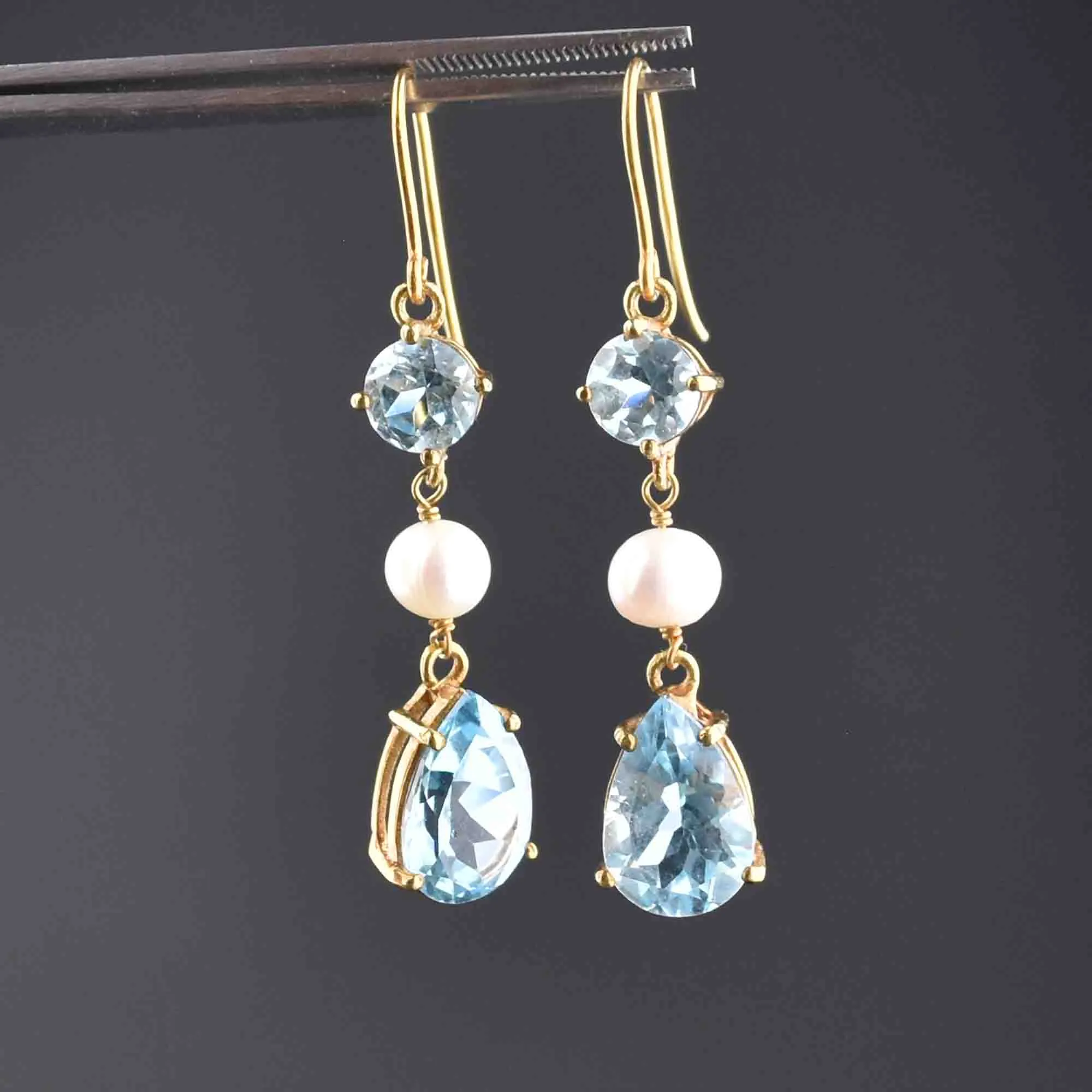 Vintage Gold Pearl Blue Topaz Dangle Earrings